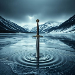 A striking scene depicting a frozen lake with a dramatic mountain backdrop under a cold climate