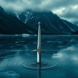 A striking scene depicting a frozen lake with a dramatic mountain backdrop under a cold climate