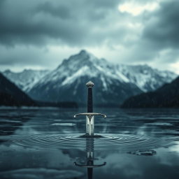 A striking scene depicting a frozen lake with a dramatic mountain backdrop under a cold climate