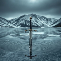 A striking scene depicting a frozen lake with a dramatic mountain backdrop under a cold climate