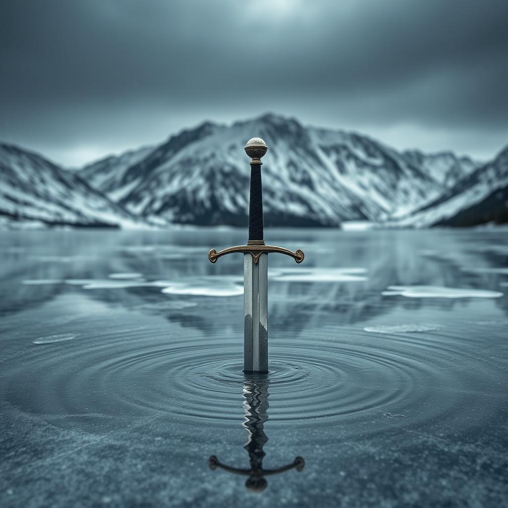A striking scene depicting a frozen lake with a dramatic mountain backdrop under a cold climate