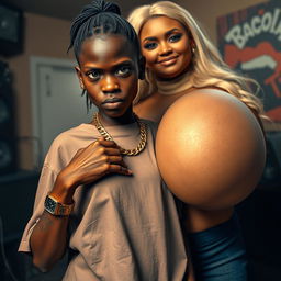 In a rap music studio setting, a very short, malnourished 20-year-old Black African woman with deep black skin and an angry expression, dressed in an oversized gangster-style men's t-shirt