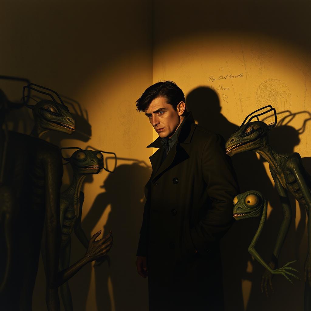 A detective in a strange black trench coat, engaged in a serious conversation with several eerie, alien-like creatures around them in a dimly lit room