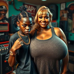 In a vibrant rap studio environment, a very short, malnourished 20-year-old Black African woman with deep black skin and an angry expression is wearing an oversized gangster-style men's t-shirt