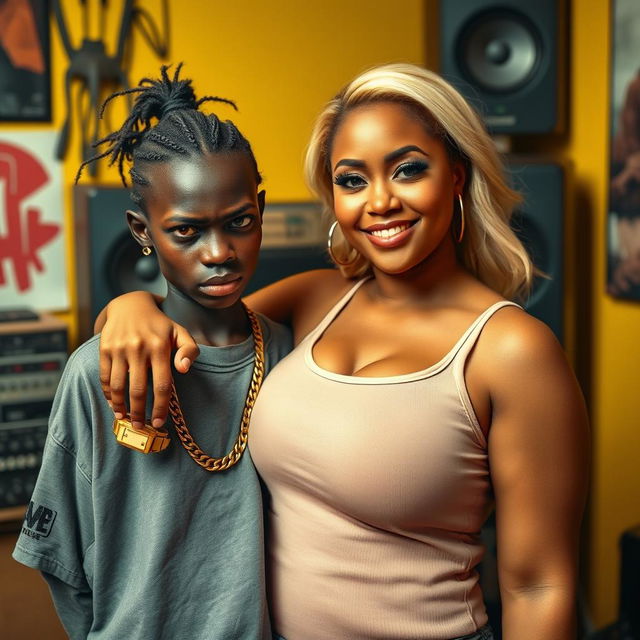 In a vibrant rap studio environment, a very short, malnourished 20-year-old Black African woman with deep black skin and an angry expression is wearing an oversized gangster-style men's t-shirt