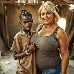 In a run-down, impoverished shack, a very short, malnourished 20-year-old Black African woman with deep black skin and an angry expression is dressed in an oversized gangster-style men's t-shirt