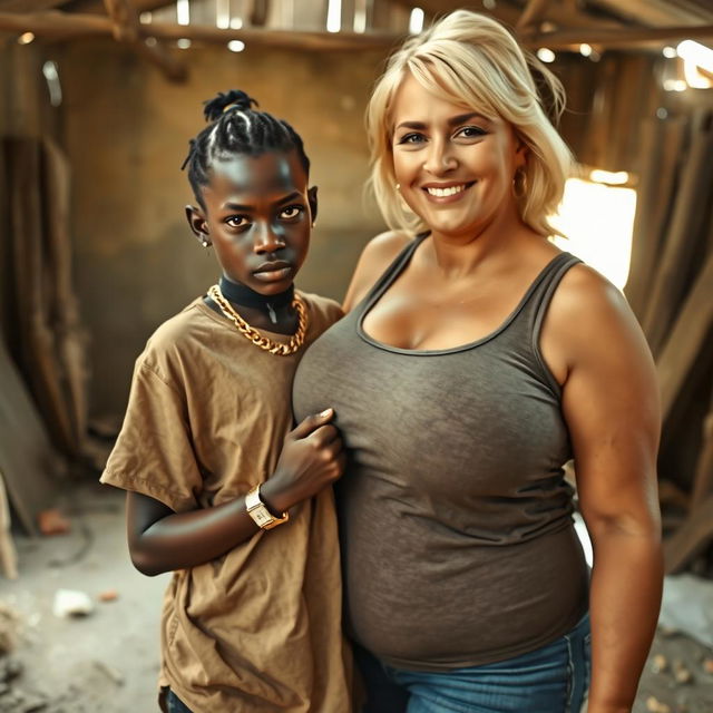 In a run-down, impoverished shack, a very short, malnourished 20-year-old Black African woman with deep black skin and an angry expression is dressed in an oversized gangster-style men's t-shirt