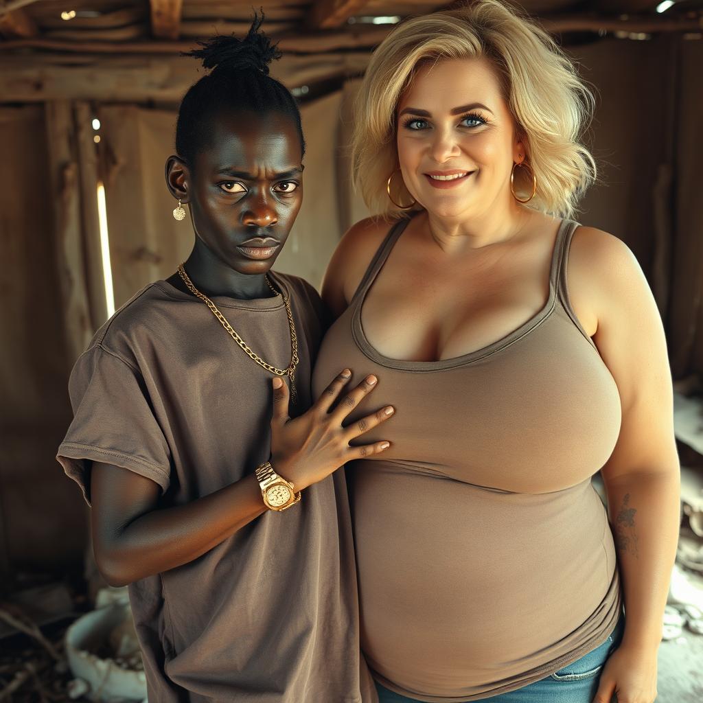 In a run-down, impoverished shack, a very short, malnourished 20-year-old Black African woman with deep black skin and an angry expression is dressed in an oversized gangster-style men's t-shirt