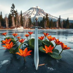 A captivating scene featuring vibrant fire lilies flourishing on a frozen lake, their bright colors contrasting beautifully with the icy surface