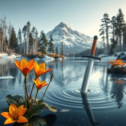 A captivating scene featuring vibrant fire lilies flourishing on a frozen lake, their bright colors contrasting beautifully with the icy surface
