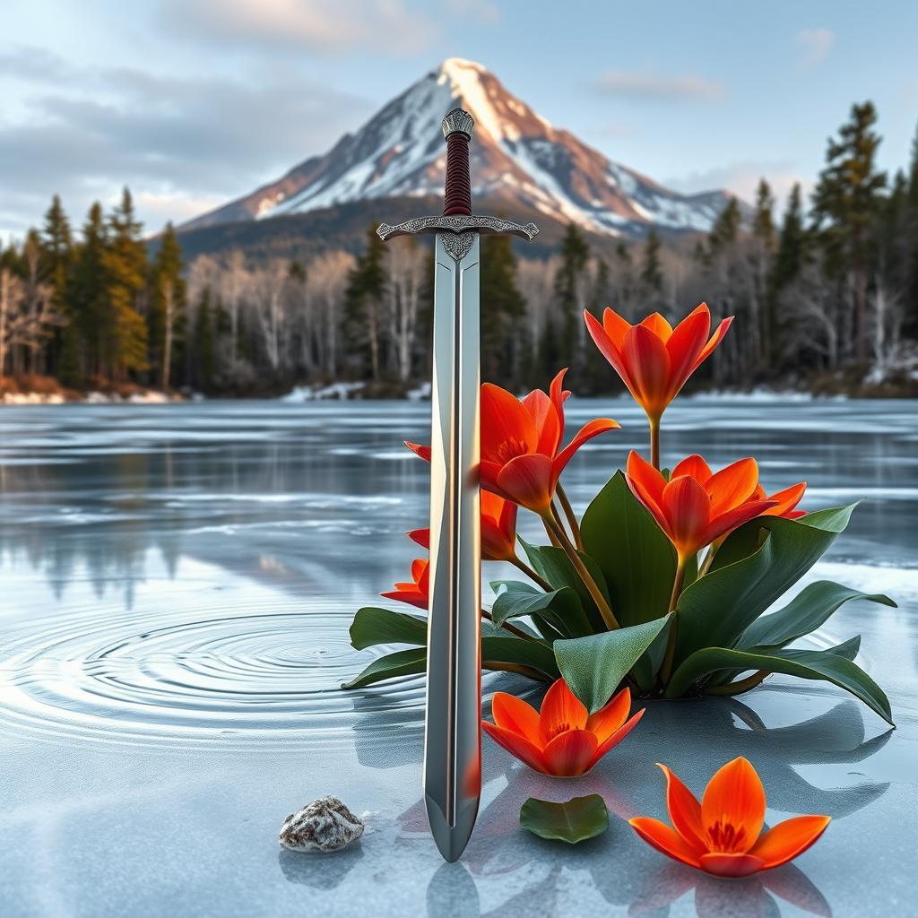 A captivating scene featuring vibrant fire lilies flourishing on a frozen lake, their bright colors contrasting beautifully with the icy surface