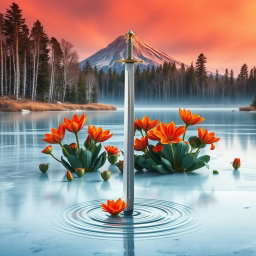 A captivating scene featuring vibrant fire lilies flourishing on a frozen lake, their bright colors contrasting beautifully with the icy surface