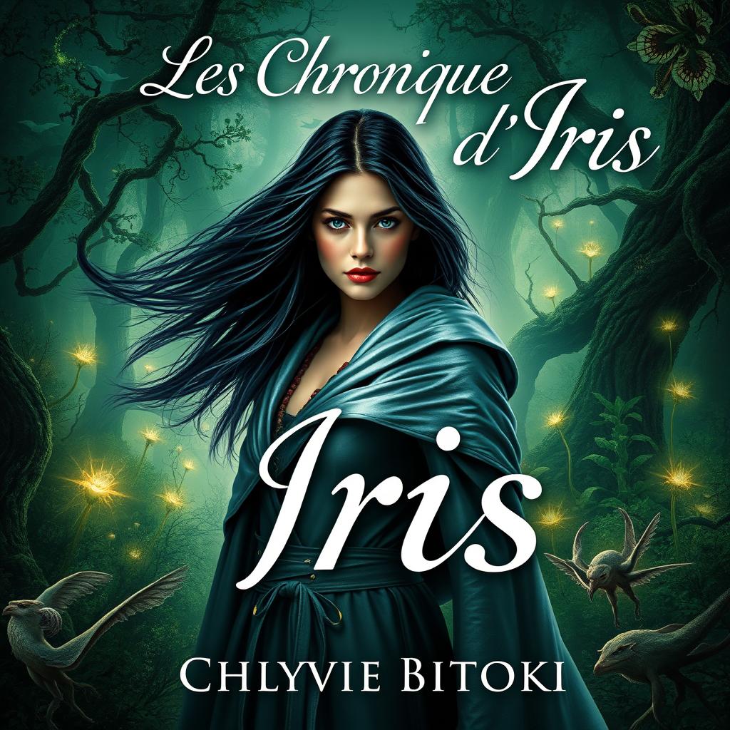 A captivating book cover design for 'Les Chroniques d'Iris' by Chyvie Bitoki, featuring a mystical and enchanting landscape
