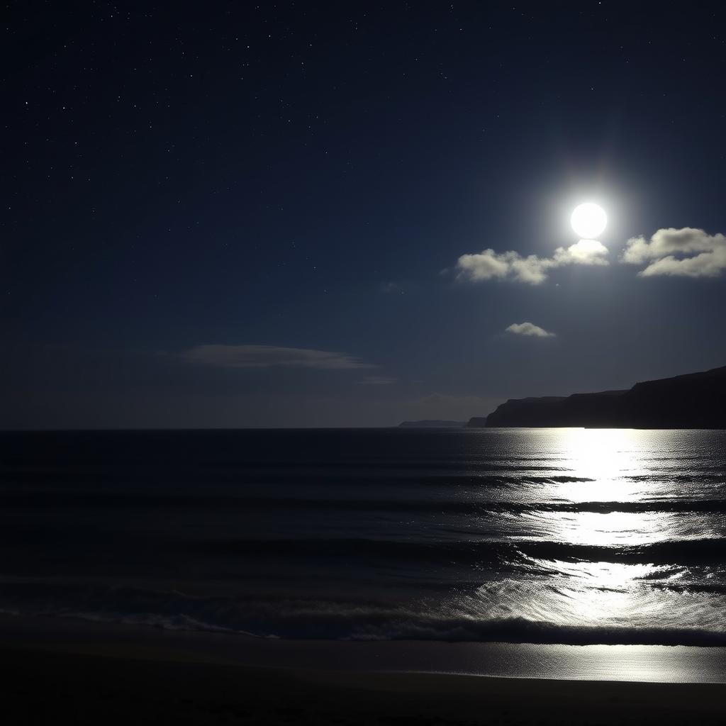 A serene night seascape, featuring a tranquil ocean under a starry sky