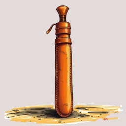 An artistic depiction of a brown leather sword scabbard positioned perpendicular to the ground