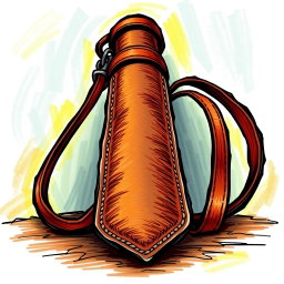 An artistic depiction of a brown leather sword scabbard positioned perpendicular to the ground