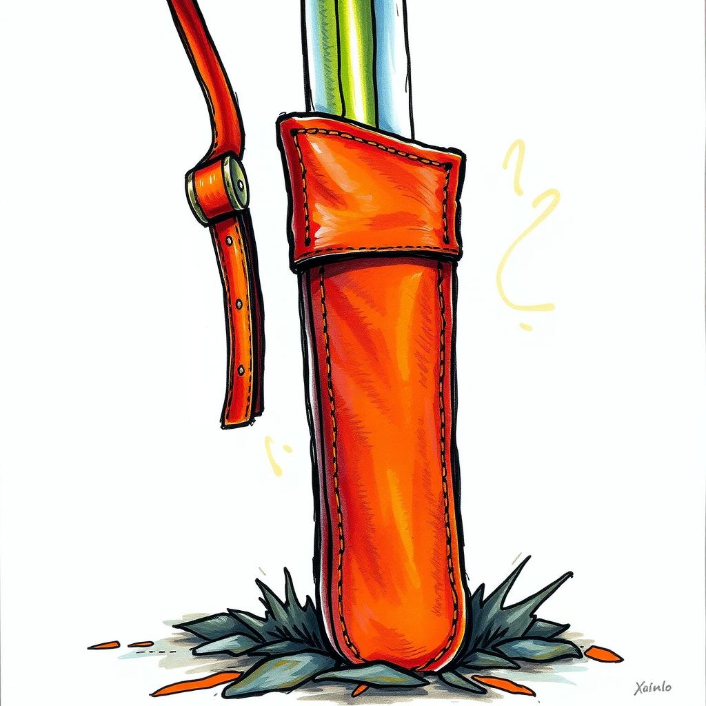 An artistic depiction of a brown leather sword scabbard positioned perpendicular to the ground