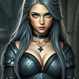 A stunningly beautiful European cleric girl with bright turquoise eyes and long ash grey hair