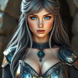 A stunningly beautiful European cleric girl with bright turquoise eyes and long ash grey hair