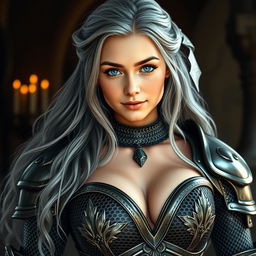 A stunningly beautiful European cleric girl with bright turquoise eyes and long ash grey hair