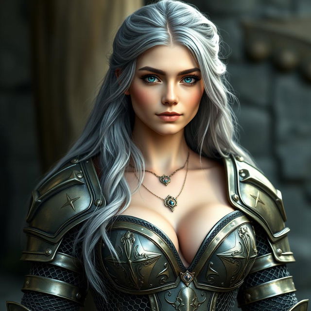 A stunningly beautiful European cleric girl with bright turquoise eyes and long ash grey hair
