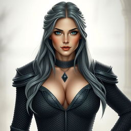 A beautiful and very busty European cleric girl, featuring bright turquoise eyes and long ash grey hair