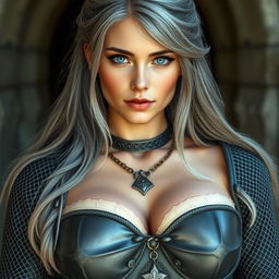 A beautiful and very busty European cleric girl, featuring bright turquoise eyes and long ash grey hair