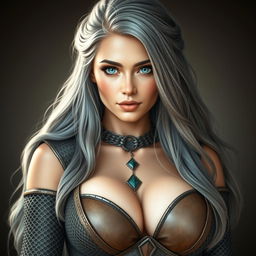 A beautiful and very busty European cleric girl, featuring bright turquoise eyes and long ash grey hair