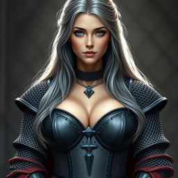 A beautiful and very busty European cleric girl, featuring bright turquoise eyes and long ash grey hair