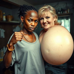 In a run-down room filled with drugs, a young African woman who is short, skinny, and has dark skin appears fierce with an angry expression