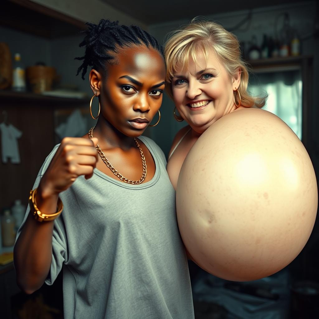 In a run-down room filled with drugs, a young African woman who is short, skinny, and has dark skin appears fierce with an angry expression