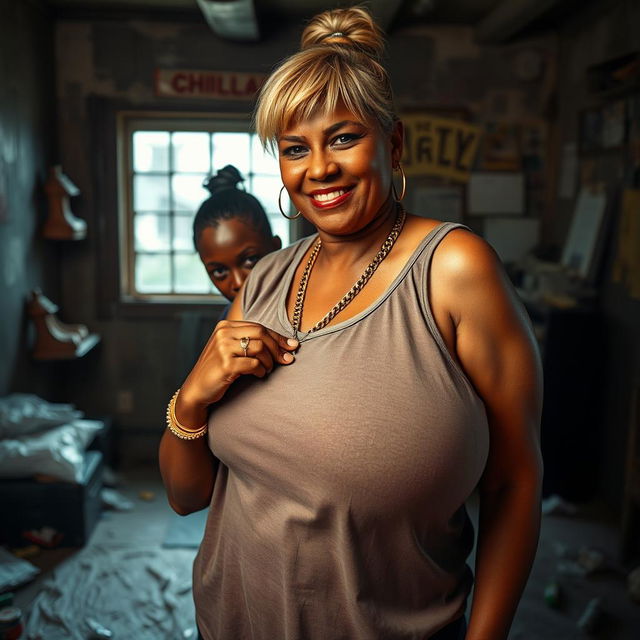 In a run-down room filled with drugs, a young African woman who is short, skinny, and has dark skin appears fierce with an angry expression