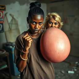 In a run-down room filled with drugs, a young African woman who is short, skinny, and has dark skin appears fierce with an angry expression