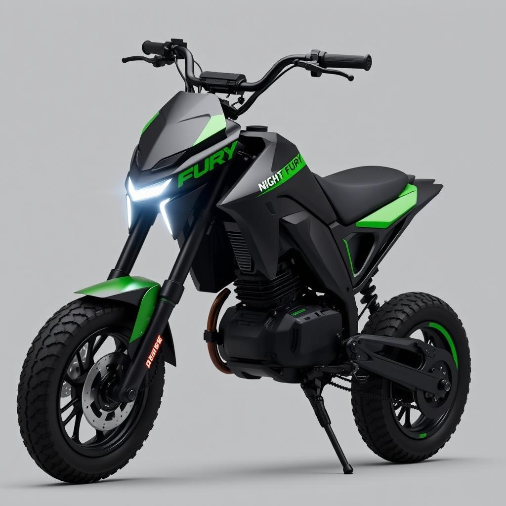 A unique electric pit bike featuring sharp contours while maintaining a sleek and modern design