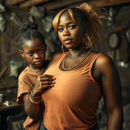 In a rundown shack filled with cocaine, a young African woman, petite and malnourished, 20 years old, with very dark skin, an angry expression, dressed in an oversized men's hip-hop t-shirt, wearing a gold watch and a thick gold hip-hop chain, looking like a hustler