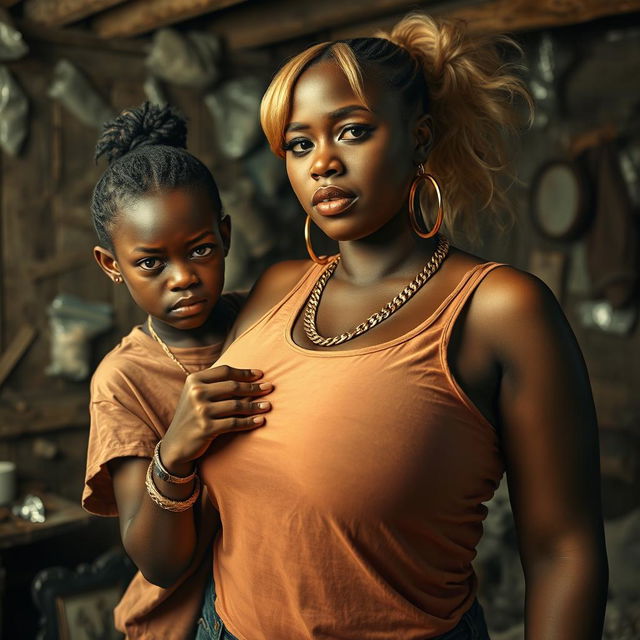 In a rundown shack filled with cocaine, a young African woman, petite and malnourished, 20 years old, with very dark skin, an angry expression, dressed in an oversized men's hip-hop t-shirt, wearing a gold watch and a thick gold hip-hop chain, looking like a hustler