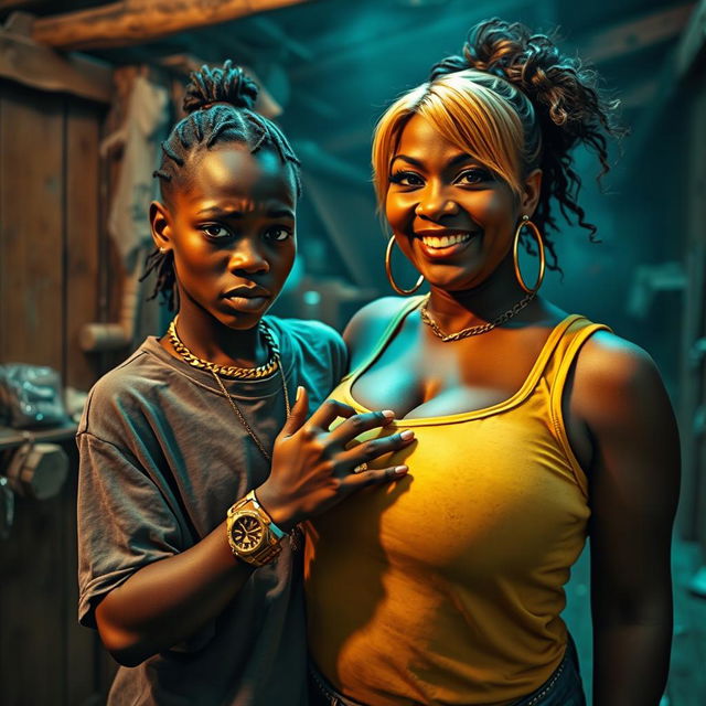 In a rundown shack filled with cocaine, a young African woman, petite and malnourished, 20 years old, with very dark skin, an angry expression, dressed in an oversized men's hip-hop t-shirt, adorned with a gold watch and a thick gold hip-hop chain, exuding a streetwise attitude