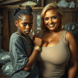 In a rundown shack filled with cocaine, a young African woman, petite and malnourished, 20 years old, with very dark skin, an angry expression, dressed in an oversized men's hip-hop t-shirt, adorned with a gold watch and a thick gold hip-hop chain, exuding a streetwise attitude