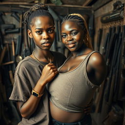 In a rundown shack filled with weapons, a young African woman, petite and malnourished, 20 years old, with very dark skin and an angry expression, dressed in an oversized men's hip-hop t-shirt