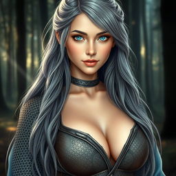 A stunningly beautiful European cleric girl with bright turquoise eyes and long ash grey hair that cascades elegantly down her back