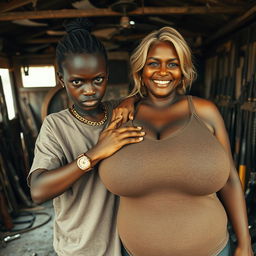 In a rundown shack filled with weapons, a young African woman, petite and malnourished, 20 years old, with very dark skin and a fierce, angry expression