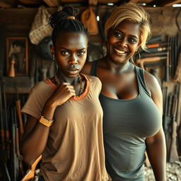 In a rundown shack filled with weapons, a young African woman, petite and malnourished, 20 years old, with very dark skin and a fierce, angry expression