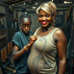 In a rundown shack filled with weapons, a young African woman, petite and malnourished, 20 years old, with very dark skin and a fierce, angry expression