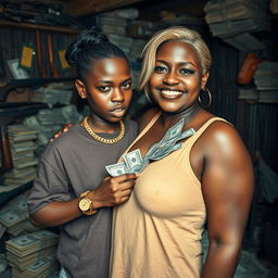 In a rundown shack filled with weapons and stacks of dollars, a young African woman, petite and malnourished at 20 years old, with very dark skin and an angry expression, is dressed in an oversized men's hip-hop t-shirt