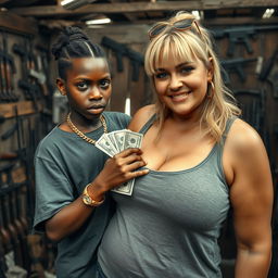 In a rundown shack filled with weapons, a young African woman, petite and malnourished at 20 years old, with very dark skin and an angry expression, is dressed in an oversized men's hip-hop t-shirt