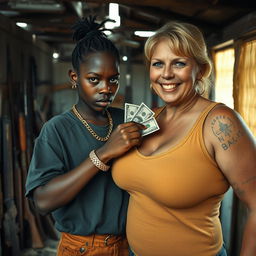 Inside a rundown shack filled with weapons, a young African woman, petite and malnourished, is 20 years old with very dark skin and an angry expression