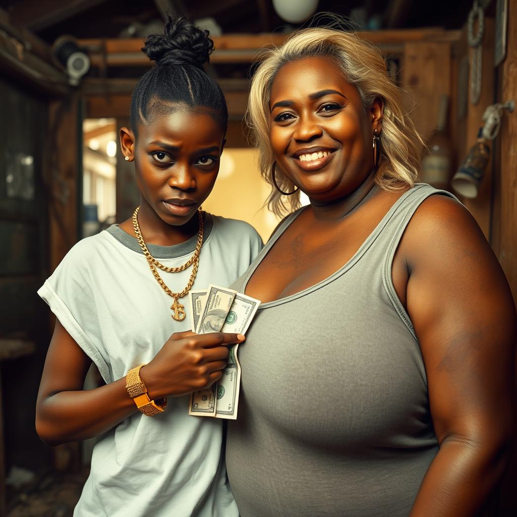 Inside a rundown shack filled with cocaine, a young African woman, petite and malnourished at 20 years old, with very dark skin and an angry expression, is dressed in an oversized men's hip-hop t-shirt