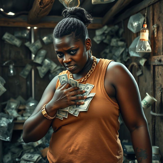 Inside a rundown shack filled with cocaine, a young African woman, petite and malnourished at 20 years old, with very dark skin and an angry expression, is dressed in an oversized men's hip-hop t-shirt