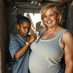 Inside a rundown shack filled with cocaine, a young African woman, petite and malnourished at 20 years old, with very dark skin and an angry expression, is dressed in an oversized men's hip-hop t-shirt