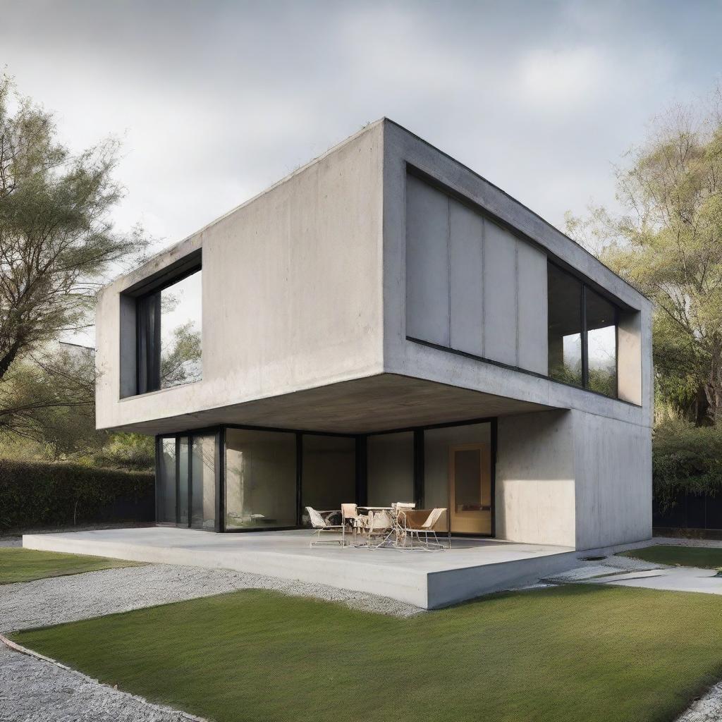 Exterior view of an industrial minimalist house featuring exposed concrete